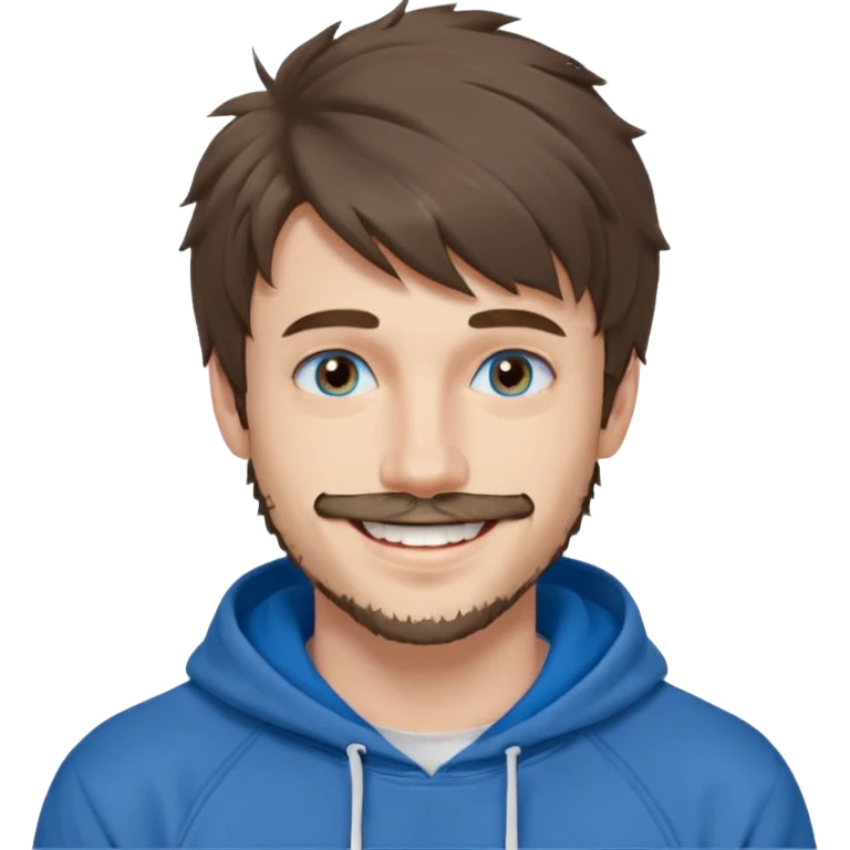 20 year old man, short scruffy beard and thin moustache, brown puffy mullet, blue eyes, big smile, white teeth, big lips, pronounced jaw, hair longer in back, sticking up on top, thin face, grey hooded sweatshirt, pale skin, big smile, blue eyes, puffy hair that is long in back emoji