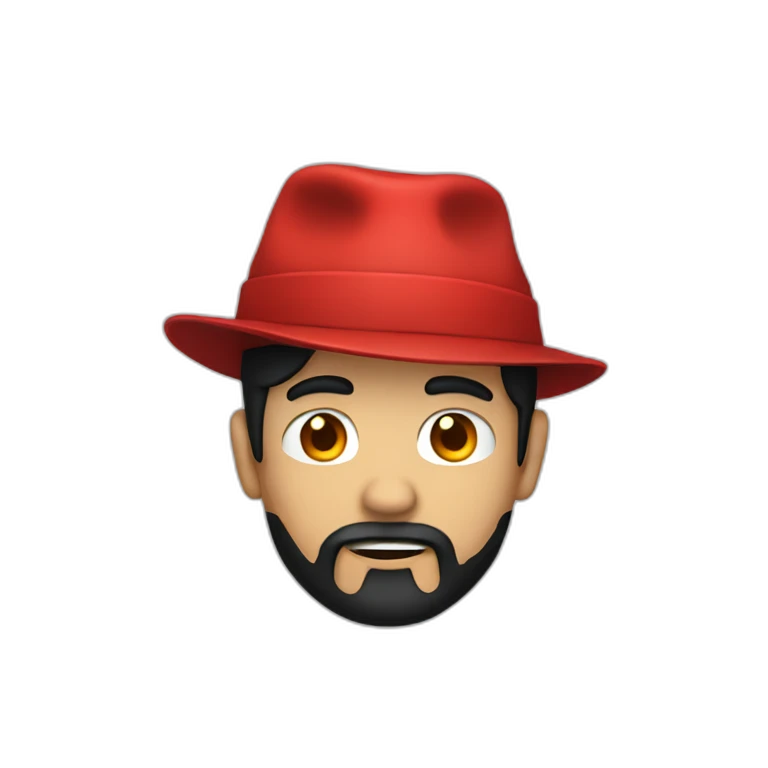 A person with black hair, a red hat, a back shirt, and a skull  emoji
