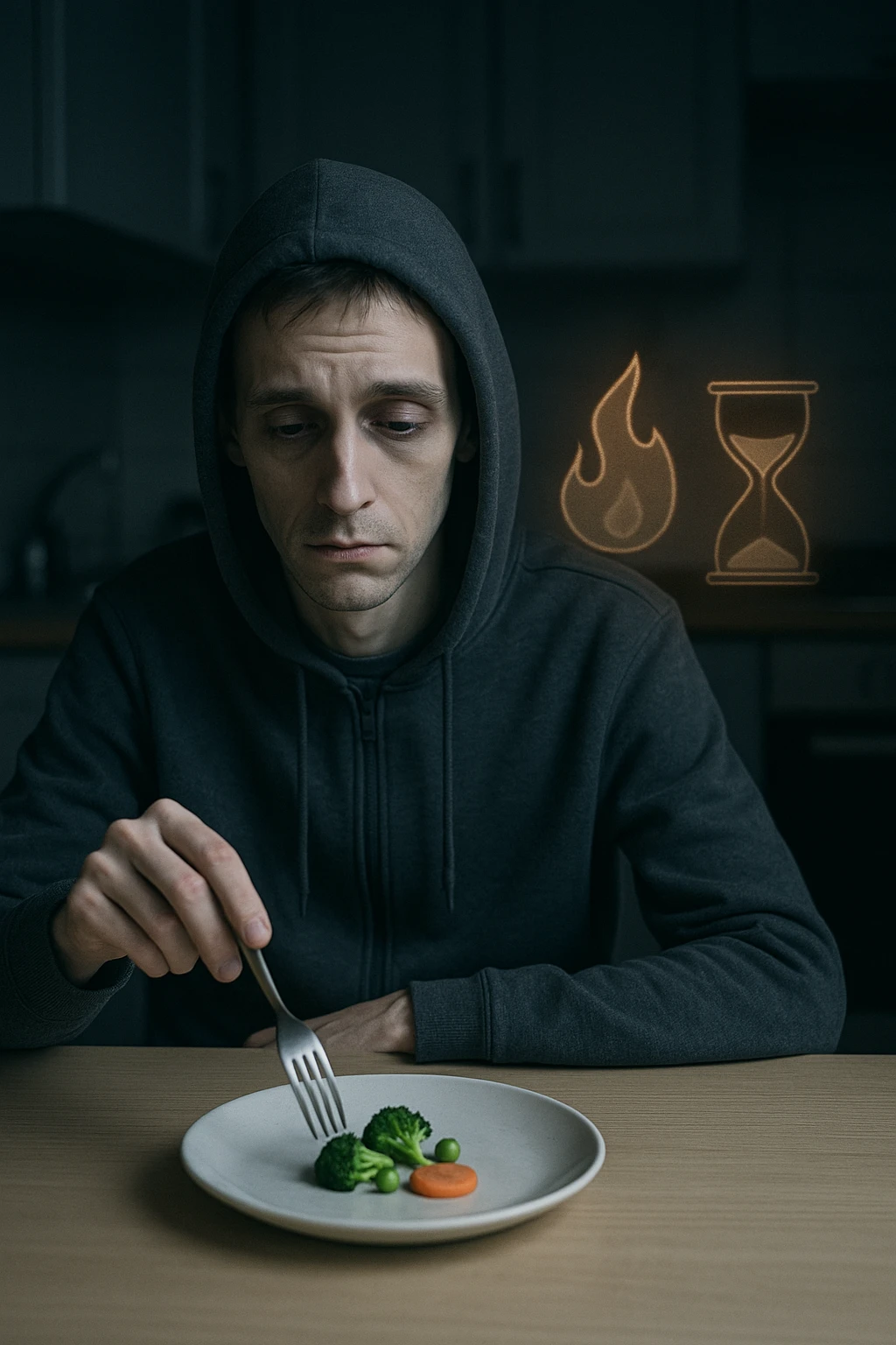 Slim man in his 30s sitting at a table with a tiny portion of food, looking tired and cold, wearing a hoodie indoors. Pale skin, low energy expression, dark circles under eyes. His plate has only a few vegetables and no protein or carbs. Dim kitchen background, slow metabolism symbolized by a dimmed internal flame or sluggish hourglass near him. emoji