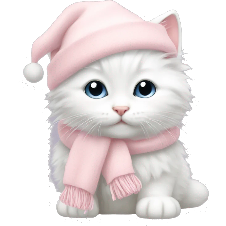 fluffy white winter kitten with pale pink christmas hat and pale pink scarf emoji