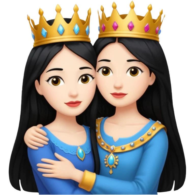 Two queens with long black hair hugging. emoji