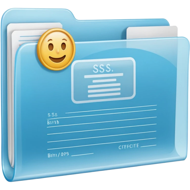 A simple emoji-style icon of a transparent plastic folder, clean and minimal, with rounded corners, subtle translucency, soft shading, and a small official documents symbol representing birth certificate, and SS. emoji