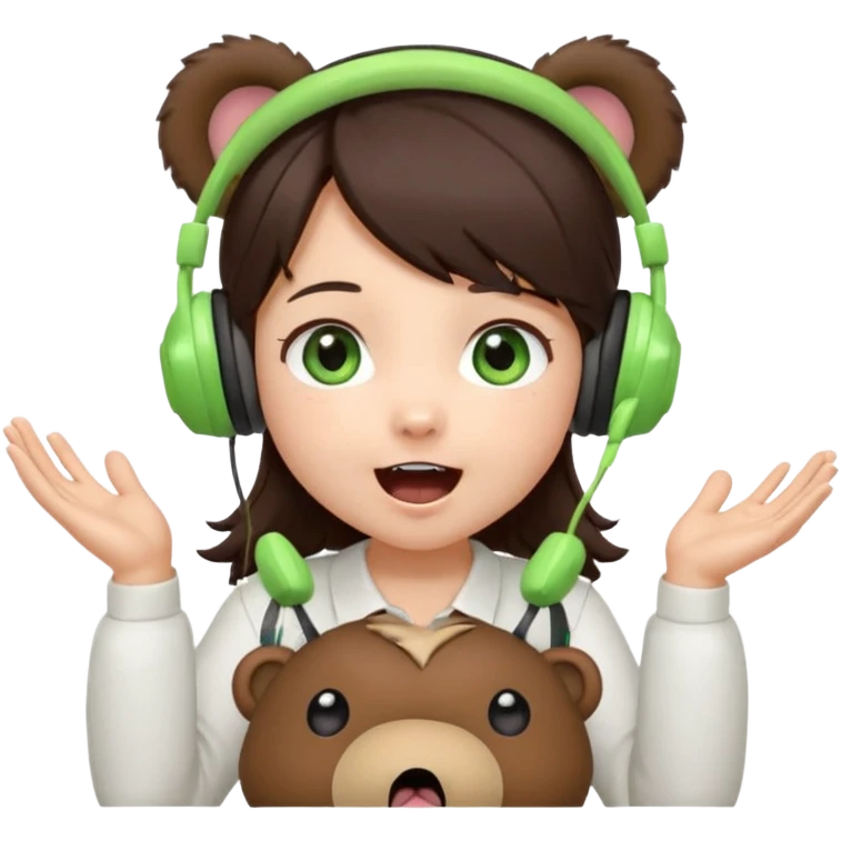 Chibi girl, dark brown hair, green eyes, wearing a white shirt and small brown bear ears on a headset, with wide happy surprised eyes and mouth and clapping excitedly emoji