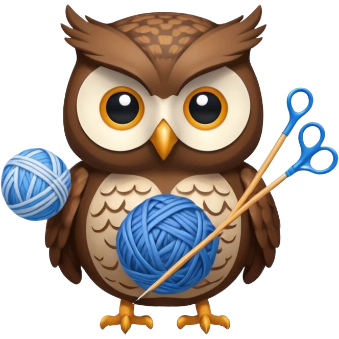 Owl holding blue yarn ball and knitting needles emoji
