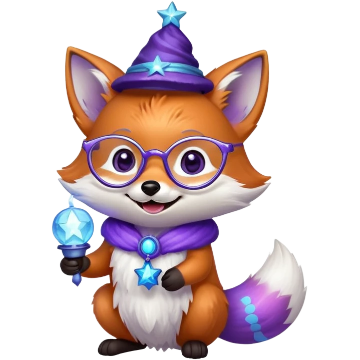 A small magical fox with shimmering purple and blue fur, a glowing fluffy tail, a silver star on its forehead, and round glasses, holding a tiny magical lantern, laughing with tears of joy in its eyes. 🦊😂 emoji