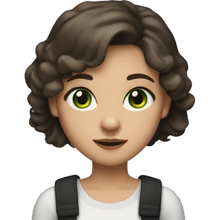 A girl with medium-length brown hair, green eyes, a slight smile, wearing small silver hoop earrings. Dressed predominantly in dark clothing, especially black. Exudes a calm and friendly vibe. emoji