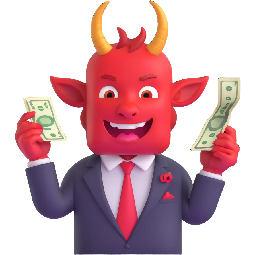 red devil with horns in business suit counting cash with greedy expression emoji