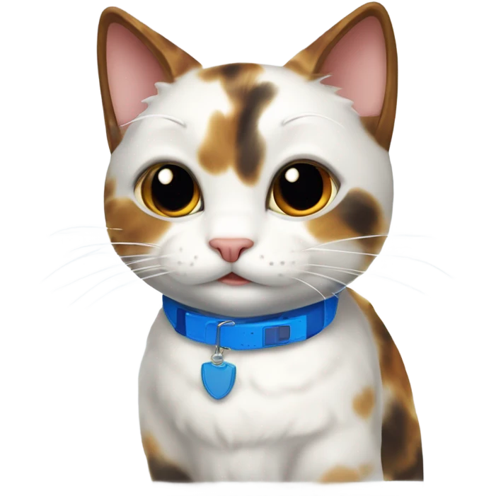 happy cute tortoiseshell white cat with blue cat collar, full body  from half side perspective  emoji