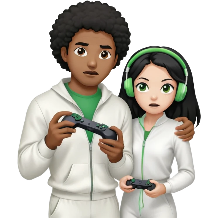 A black man wearing a white jump suit, green headphones and holding a ps5 controller being strangled by a mad, young, Hispanic woman with long black hair emoji