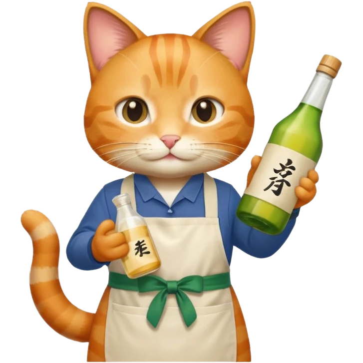 cool cat wearing an apron holding a bottle of sake emoji