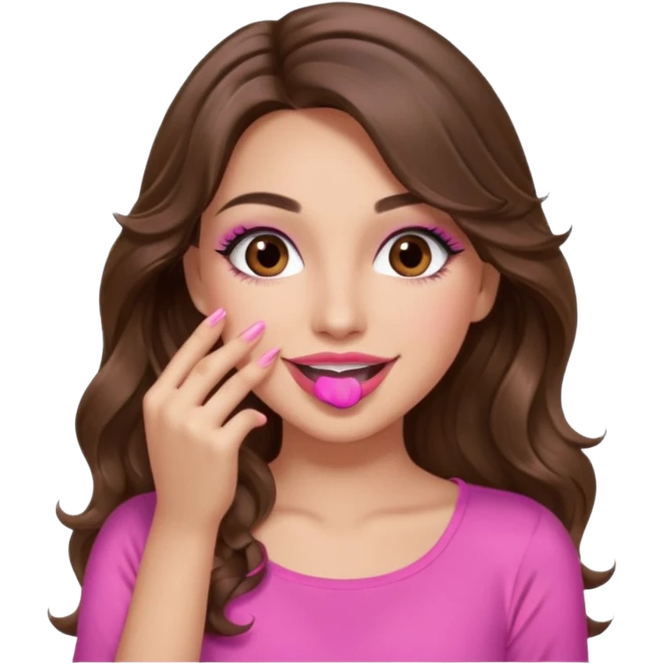 girl with long wavy brown hair, brown eyes, long lashes makeup, sexy pink lips, light to medium complexion, pink sexy top, smiling, hand covering  emoji