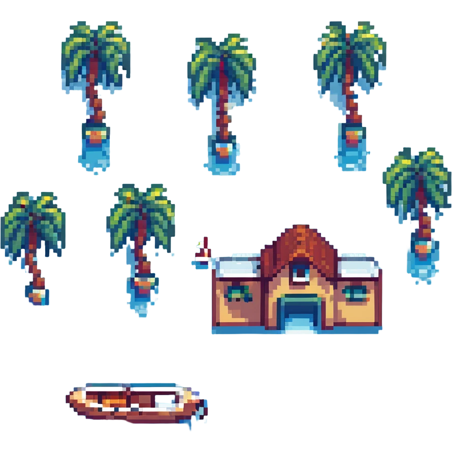 cozy seaside cottage on a sandy shore, pixel art emoji style, 32x32, vibrant colors, blue water, palm trees and boats in the distance emoji