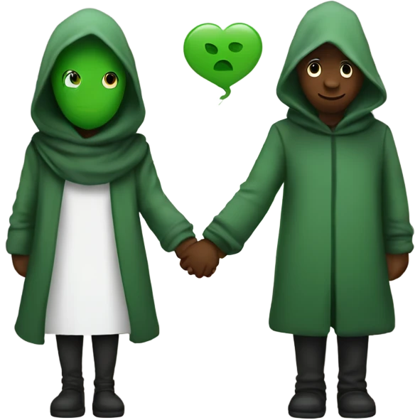 Hooded alian with green skin holding hands with a other person. 2 people in the picure emoji