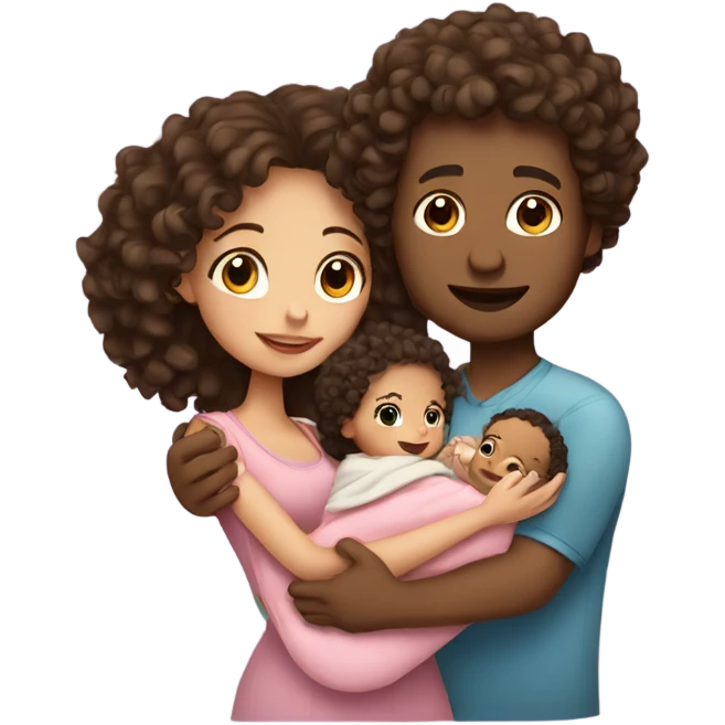 girl with curly hair holding baby and husband emoji