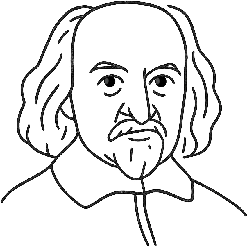 a hand drawn black outline portrait of philosopher Thomas Hobbes with similar-sized eyes based a famous portrait of him emoji
