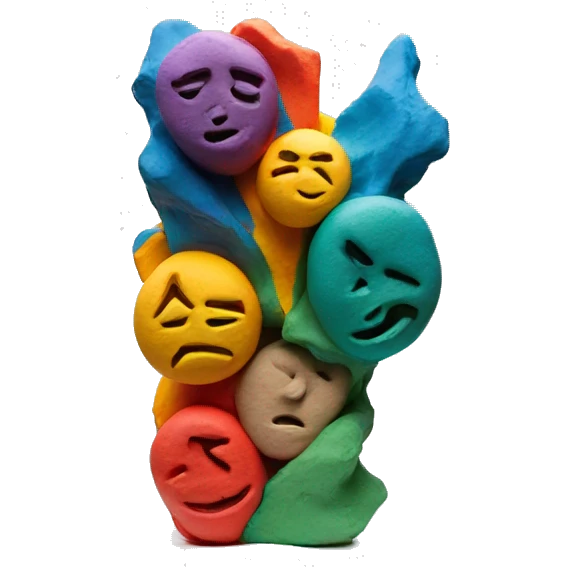 three colorful abstract sculpture realized with modeling clay on a white plinth emoji