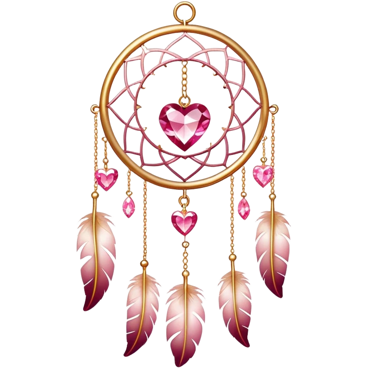 Reddish-pinkish and gold and white warm-colored romantic lush beautiful pretty hanging crystal-catcher aesthetic with hearts and sparkles and feathers emoji