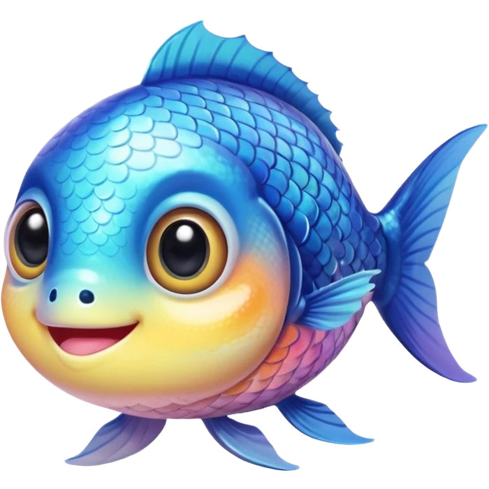 extremely cute aesthetic fish with tiny body, huge shiny big eyes, colorful soft scales, extra friendly smile, maximally cute, kawaii-inspired emoji