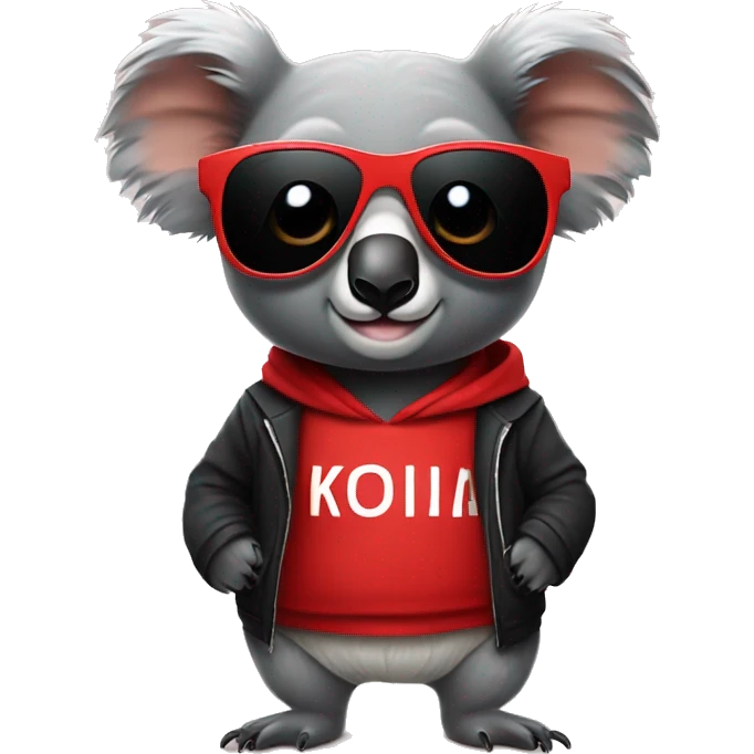 A koala wearing stylish sunglasses and a black and red sweatshirt  emoji