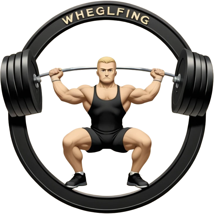 Emblem symbolizing weightlifting, featuring a barbell with heavy weights on either side, lifted above a strong, determined figure. The design conveys strength, focus, and the precision required in the sport. The barbell is centered, with a dynamic, bold style to emphasize power and athleticism.  emoji