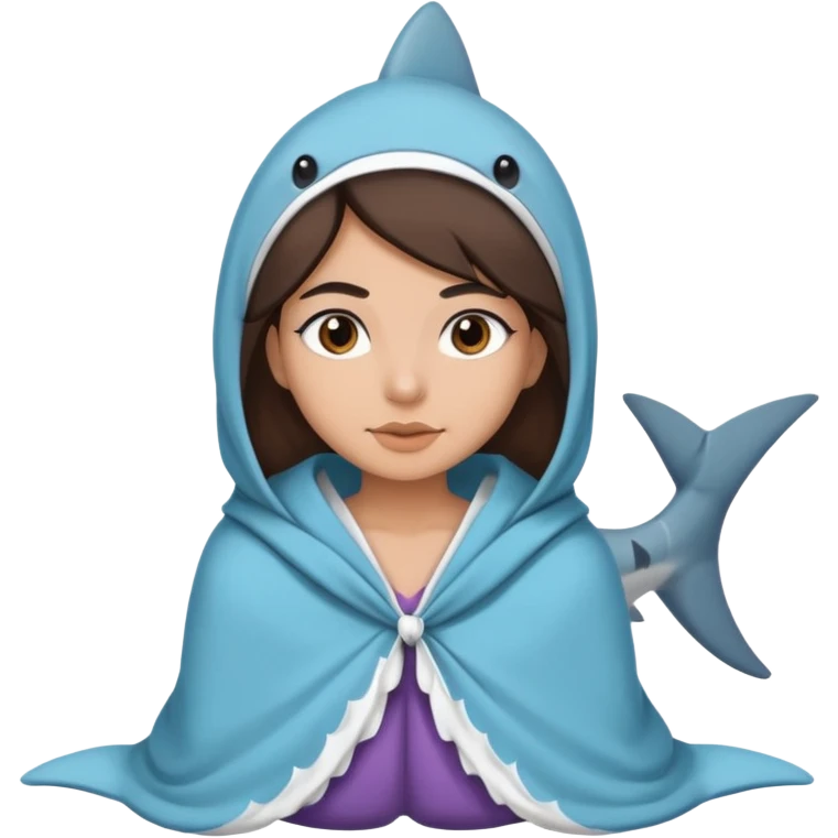 Egyptian-haired girl with black eyebrows, brown hair, Iranian descent, wearing a shark costume with a blanket. emoji