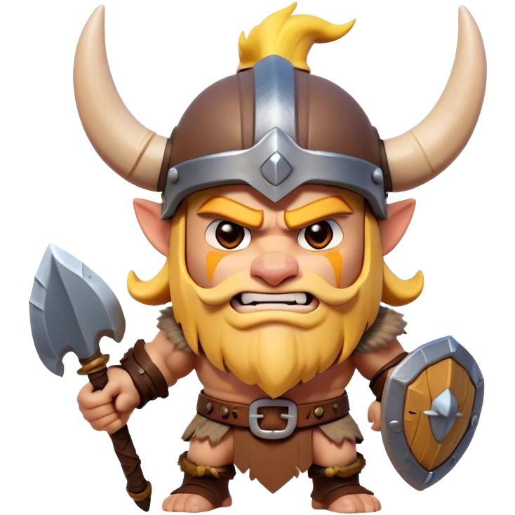 Clash of Clans style: Cinematic Fierce Barbarian Portrait Emoji, Poised and bold with a rugged, cartoonish build in tattered furs and a whimsical horned helmet, bright expressive eyes and a confident smirk, Simplified yet dynamic features, highly detailed, glowing with a vivid, adventurous aura, high shine, heroic and spirited, stylized with an air of medieval warrior charm, focused and energetic, soft glowing outline, capturing the essence of a fearless barbarian adventurer ready to lead his clan with spirited valor! emoji