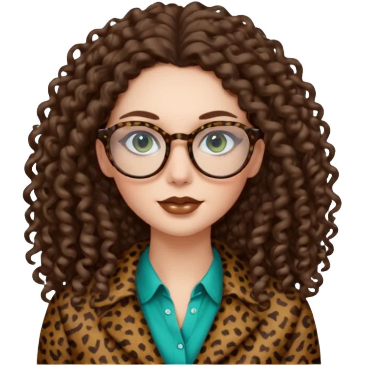 a blue green eyed woman with very very long brunette curly hair, full lips,and pale skin. She is wearing a leopard printed thin round-ish glasses . She is wearing brown clothes. emoji