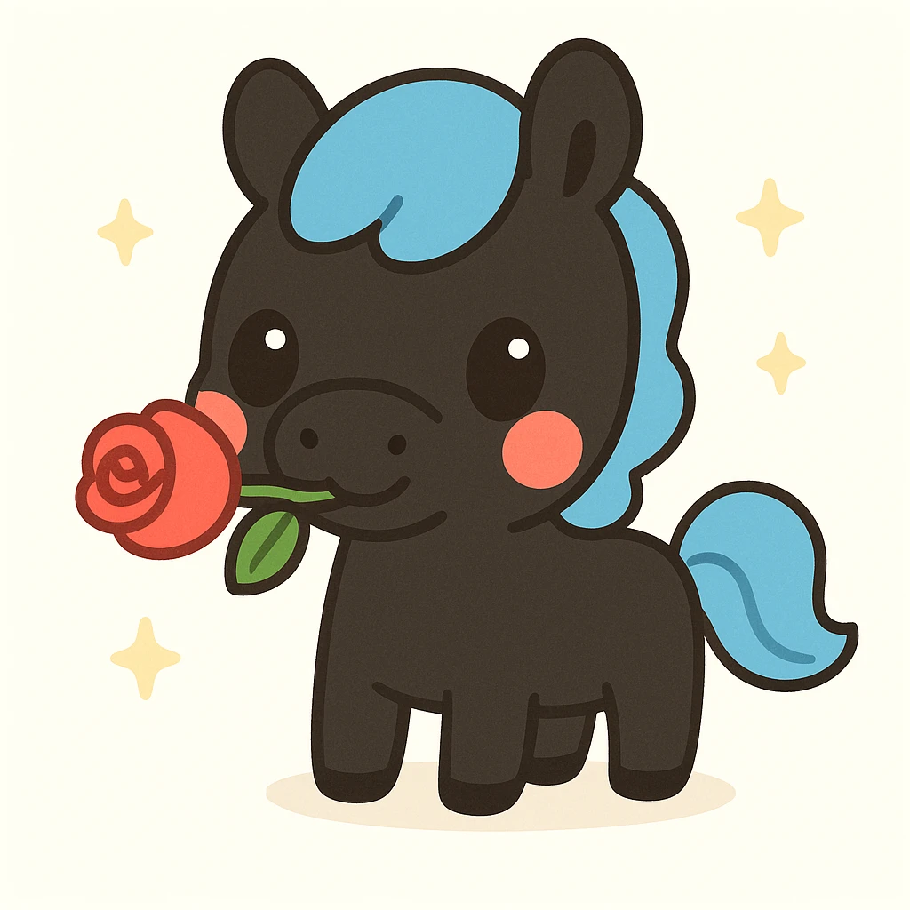 Make the horse black, keep the rose in its mouth, cute cartoon style. emoji