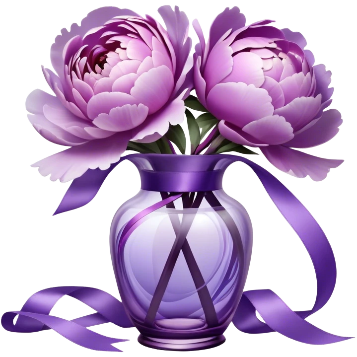 "Abstract peonies in shades of light purple and lavender, blending like soft brushstrokes. A glowing purple glass vase with surreal reflections, wrapped in a weightless, swirling satin ribbon."
 emoji