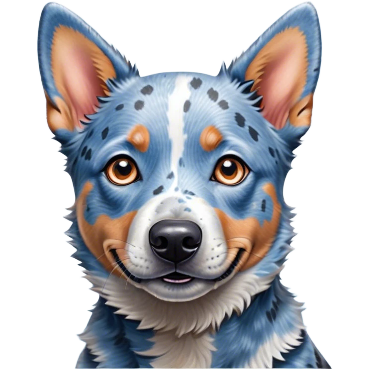 Cinematic Cute Blue Speckle Australian Cattle Dog Portrait Emoji, Head tilted playfully and inquisitively, featuring a vibrant blue speckle Fur with dynamic patterns, round, sparkling blue eyes filled with curiosity, Simplified yet irresistibly adorable features, highly detailed, glowing with a warm, friendly glow, high shine, affectionate and energetic, stylized with a touch of whimsy, bright and endearing, soft glowing outline, capturing the essence of a mischievous yet loving pup, so playful it feels like it could bound out of the screen and into your arms! emoji