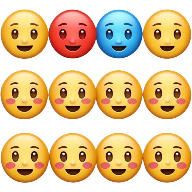 Generate a set of colorful, high-resolution emojis representing emotions like happiness, sadness, anger, love, surprise, and excitement. The emojis should have a glossy 3D style with smooth gradients, cute expressions, and clear facial features. Transparent background."
 emoji