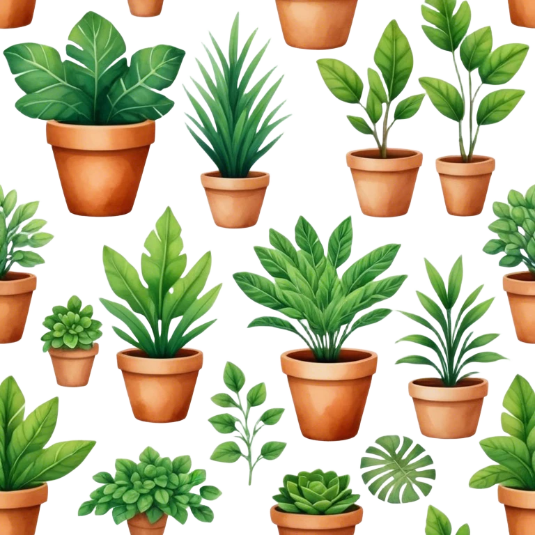 A stylized collection of leafy green plants in boho-inspired pots, arranged artistically in a watercolor painting. emoji