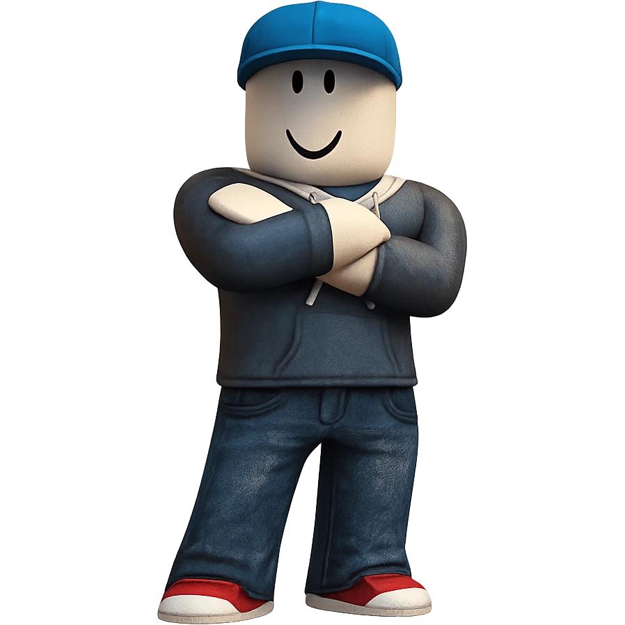 Extract only the blue-capped character (second from left) from the image, place it on a transparent background, and keep the original Roblox style and appearance. emoji