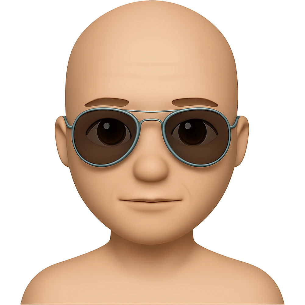 A bald guy wearing round sunglasses in the style of apple emojis, with no background, clean and crisp apple emoji style look. emoji