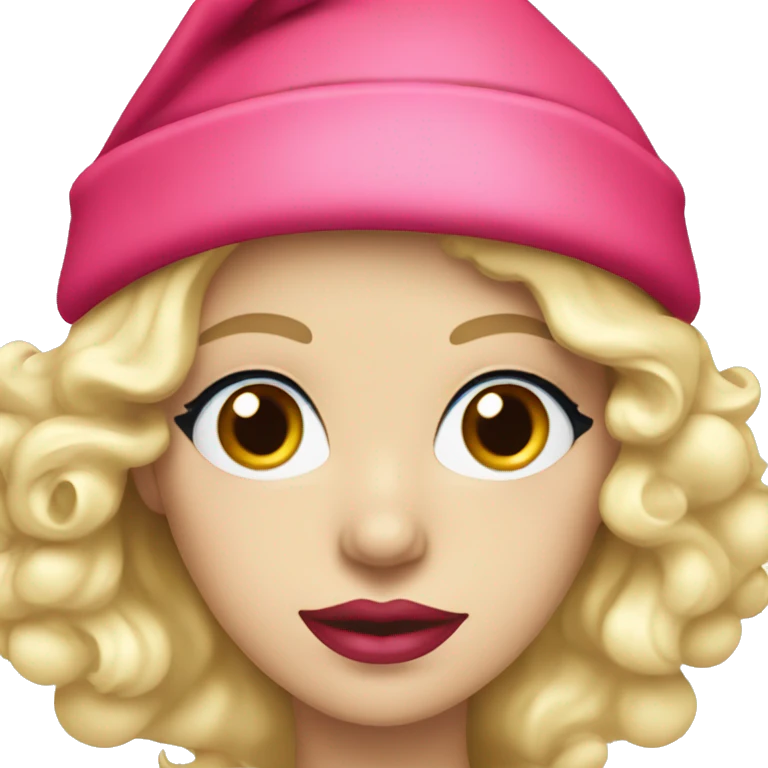 Beautiful blonde blue eyed woman with pink lips wearing red santa hat emoji