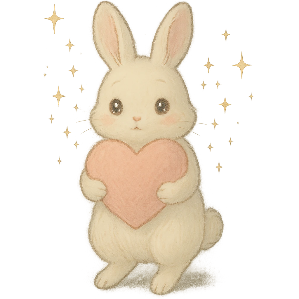 full-body milky white bunny with sparkling eyes, holding a big heart, sparkles floating around, dreamy pose, soft pastel Ghibli look emoji