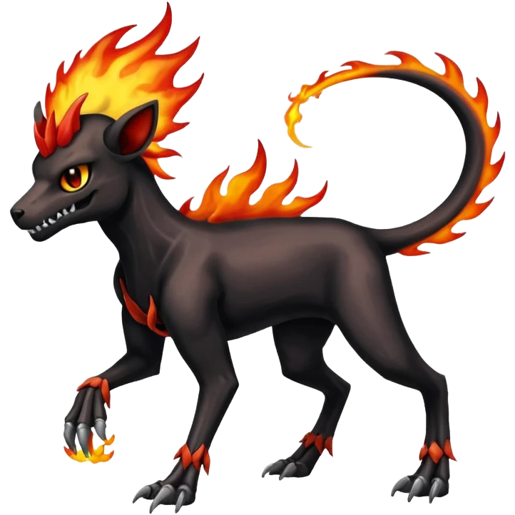 Badass black skeletal cool shiny Houndoom-Charmeleon-Fakémon-hybrid-creature (full body)  with flamey Mohawk  emoji