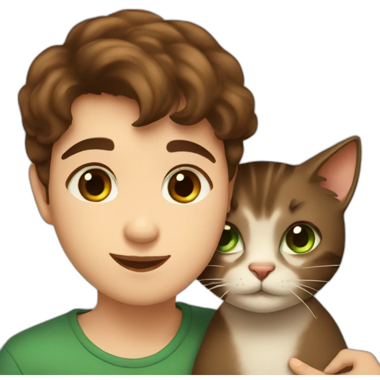 Girl with brown eyes and brown hair kisses the boy with brown hair and green eyes and hugs brown cats emoji