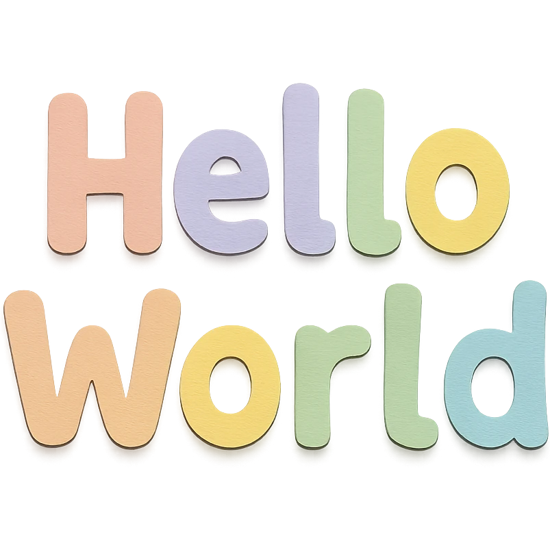hand-drawn rounded font "Hello World" in soft pastel rainbow cute bold letters, no outline, transparent background emoji