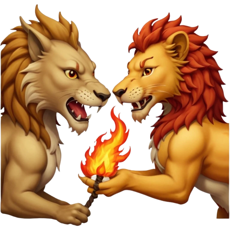 un dragon et un lion en combat, le lion crache du feu sur un loup, action intense emoji