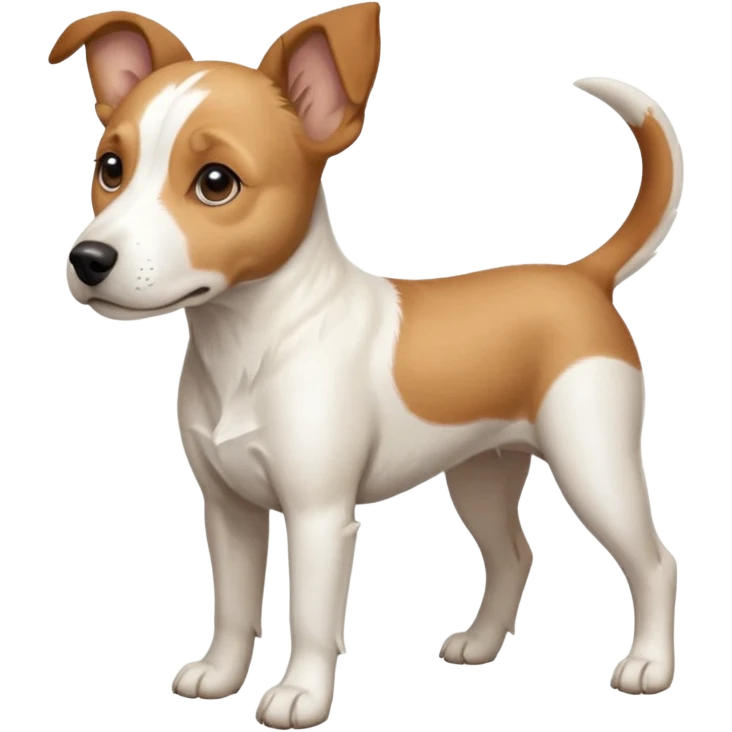 a full body facing front on of a buff white beagle cross jack russell terrier looking dog the size of a kelpie with light brown long ears resting on its face and a light brown patch above one eye and a large snout. the rest of the dog is completely white.  emoji
