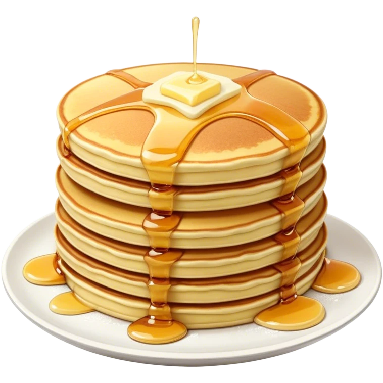 Cinematic fluffy golden pancakes, stacked high, drizzled with maple syrup, topped with fresh butter melting on top, light dusting of powdered sugar, warm and inviting, soft glow and mouthwatering. emoji
