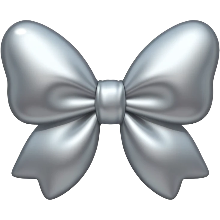 A cute bow emoji made of polished silver chrome, smooth rounded loops, glossy metallic surface, soft mirror reflections, subtle highlights, minimal and adorable proportions, iOS emoji style, centered composition, clean white background, soft studio lighting, no text, no outline, ultra high quality emoji