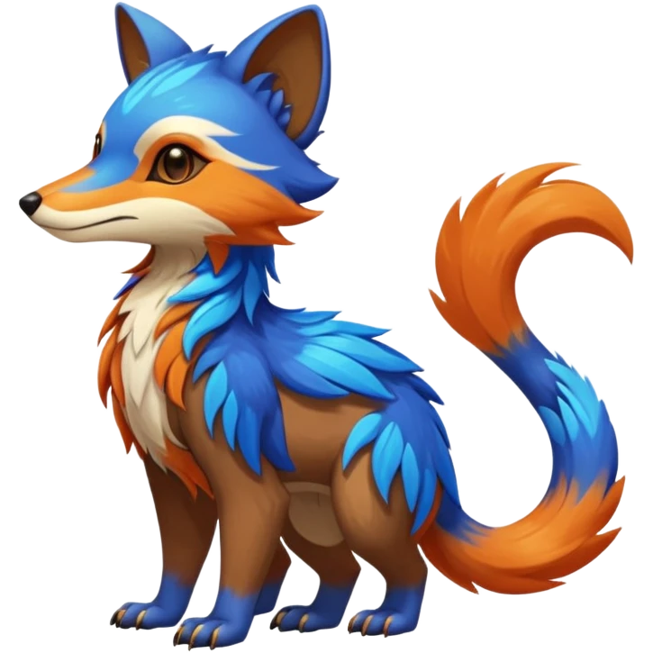 Colorful brown with blue and orange tropical exotic shiny beautiful fantasy-Vernid-Cacomistle-animal-Fakémon-hybrid-fursona (full body) emoji