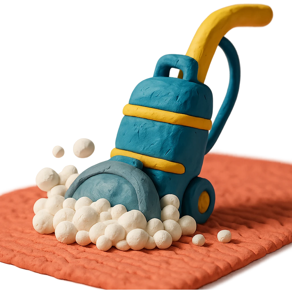 claymation style carpet shampooer in action with foam and bubbles emoji
