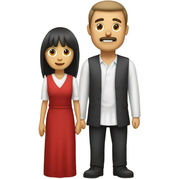 Hombre de pelo morocho y corto abrazado a una mujer de pelo lacio rojizo y con flequillo emoji