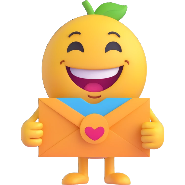 3D emoji character with a big smile and a thank you card emoji