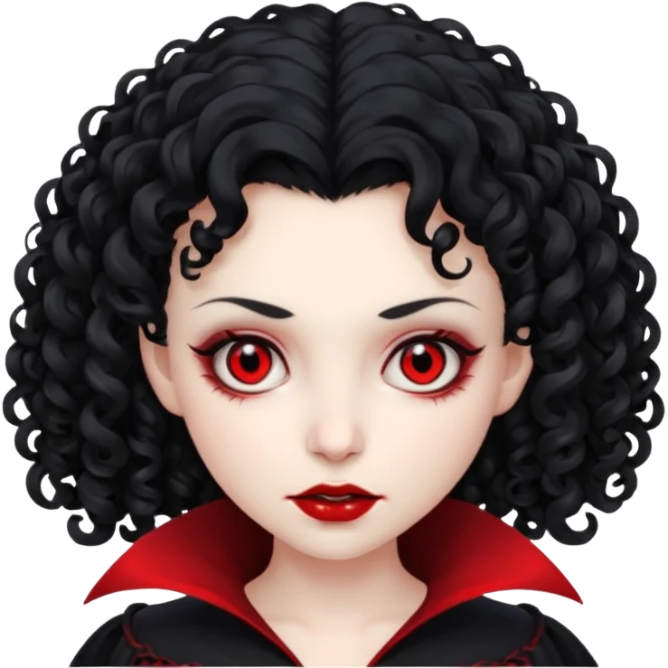 vampiro, cabelos cacheados pretos, pele pálida, olhos vermelhos, sexo feminino emoji