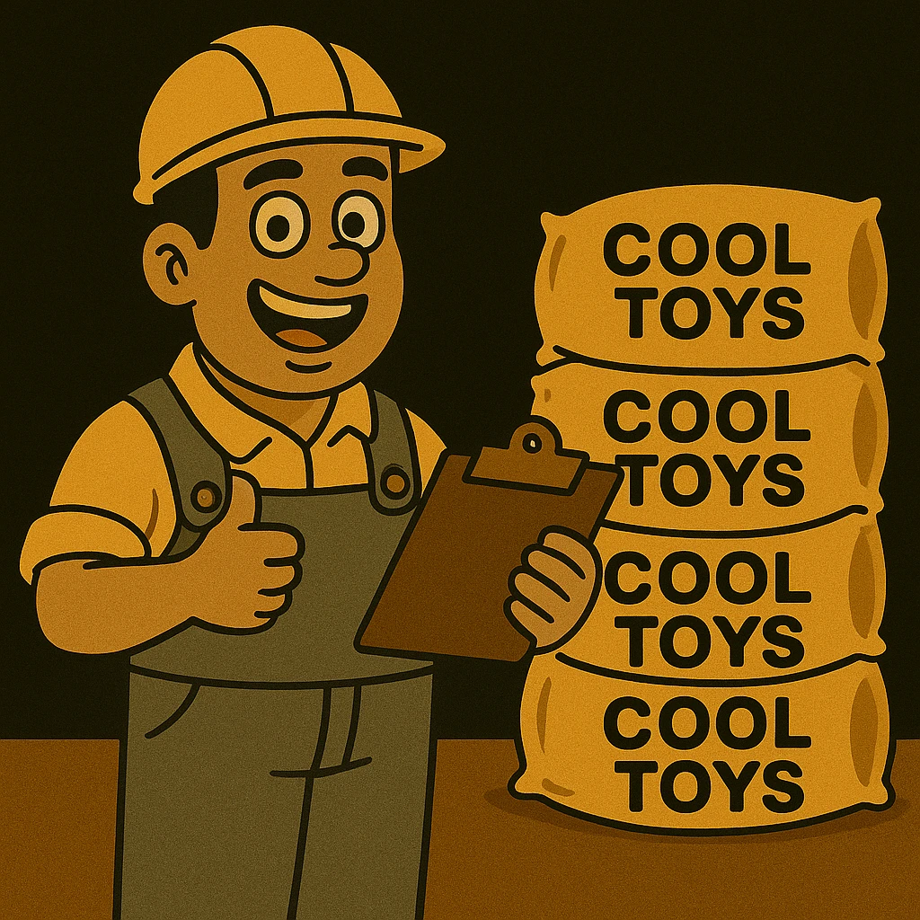 Change the background to pure black while keeping the cartoon factory worker and golden bags labeled 'cool toys' in the scene. Maintain the cheerful, modern cartoon style with warm colors and clear details. emoji