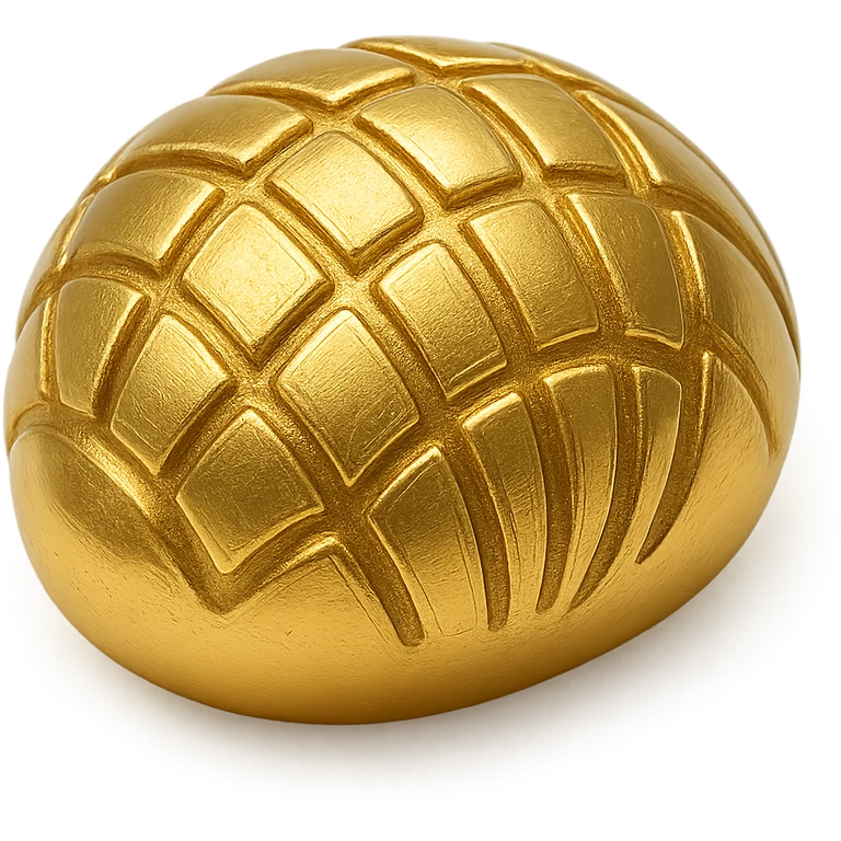 3D gold object style concha Mexican sweet bread with realistic reflections and shell pattern emoji